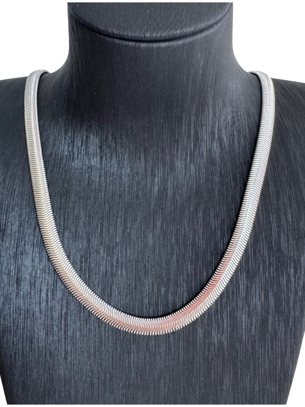Vintage Silver Tone Herringbone Necklace Flat Snake Chain Minimalist Gift 19.5in
